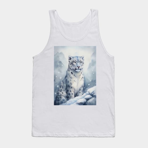 A Proud Snow Leopard Went Hunting, in the Snowy forest, Hight Mountains, Snow Falling, Winter Landscape, Wildlife White Panthera, Watercolor Realistic Illustration, Art, Portrait, Poster, Shirt, Christmas Holiday, Birthday gifts, Hunting lover Tank Top by sofiartmedia